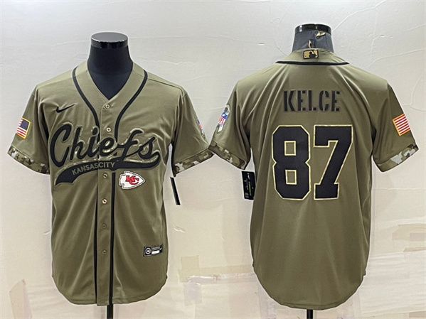 Kansas City Chiefs #87 Travis Kelce 2022 Olive Salute To Service Cool Base Stitched Baseball Jersey