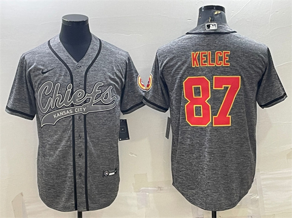 Kansas City Chiefs #87 Travis Kelce Gray With Patch Cool Base Stitched Baseball Jersey