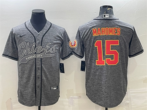 Kansas City Chiefs #15 Patrick Mahomes Gray With Patch Cool Base Stitched Baseball Jersey