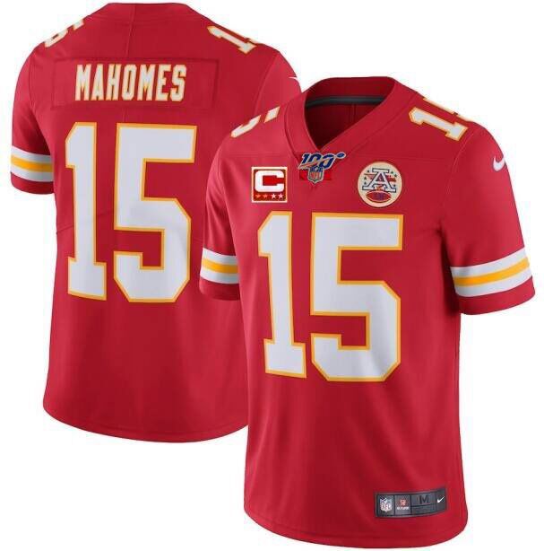 Kansas City Chiefs #15 Patrick Mahomes Red 2019 100th Season With C Patch Limited Stitched Jersey