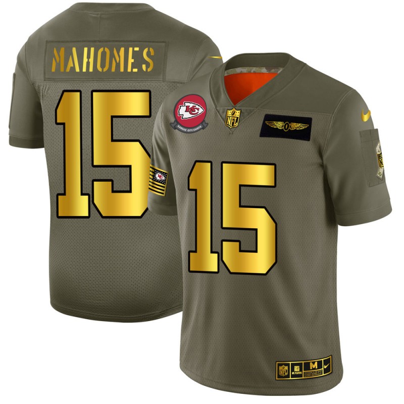 Kansas City Chiefs #15 Patrick Mahomes 2019 Olive Gold Salute To Service Limited Stitched Jersey