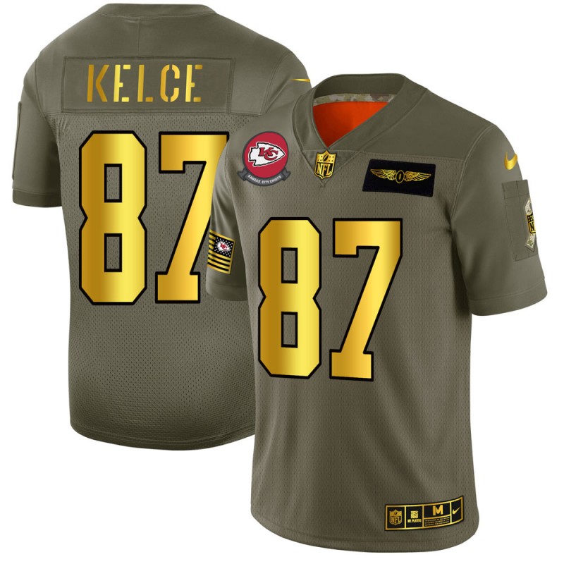 Kansas City Chiefs #87 Travis Kelce 2019 Olive Gold Salute To Service Limited Stitched Jersey