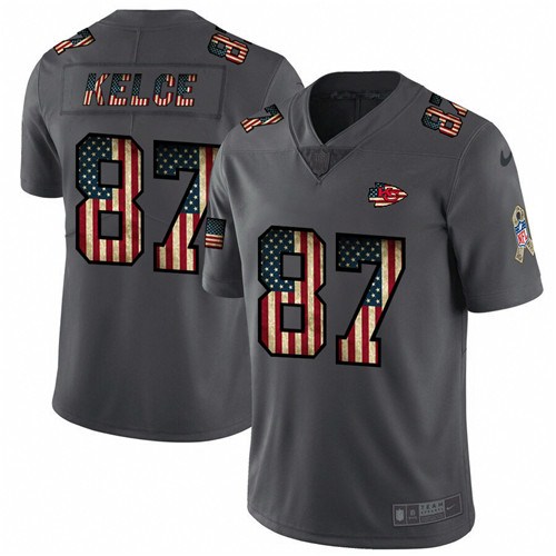 Kansas City Chiefs #87 Travis Kelce Grey 2019 Salute To Service USA Flag Fashion Limited Stitched Jersey