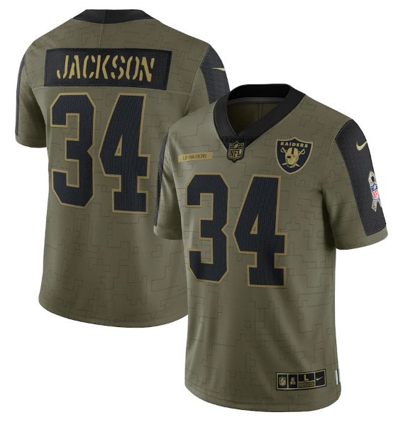 Las Vegas Raiders #34 Bo Jackson 2021 Olive Salute To Service Limited Stitched Jersey