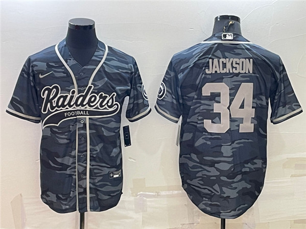 Las Vegas Raiders #34 Bo Jackson Gray Camo With Patch Cool Base Stitched Baseball Jersey