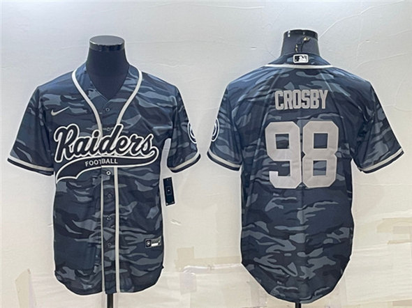 Las Vegas Raiders #98 Maxx Crosby Gray Camo With Patch Cool Base Stitched Baseball Jersey