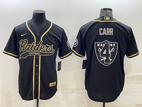 Las Vegas Raiders #4 Derek Carr Black Gold Team Big Logo With Patch Cool Base Stitched Baseball Jersey