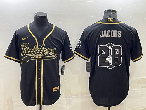 Las Vegas Raiders #28 Josh Jacobs Black Gold Team Big Logo With Patch Cool Base Stitched Baseball Jersey