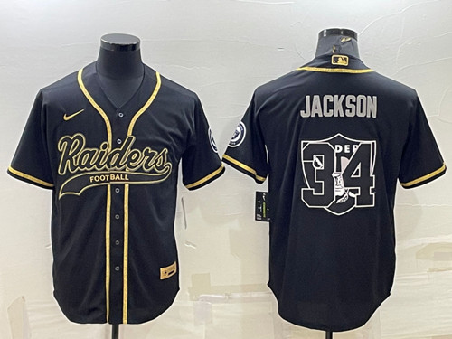Las Vegas Raiders #34 Bo Jackson Black Gold Team Big Logo With Patch Cool Base Stitched Baseball Jersey