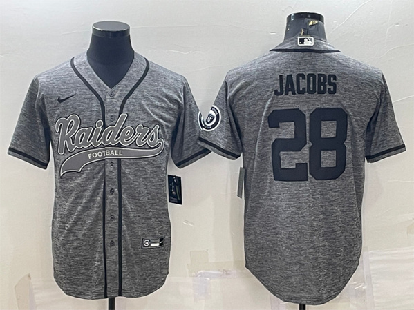Las Vegas Raiders #28 Josh Jacobs Gray With Patch Cool Base Stitched Baseball Jersey