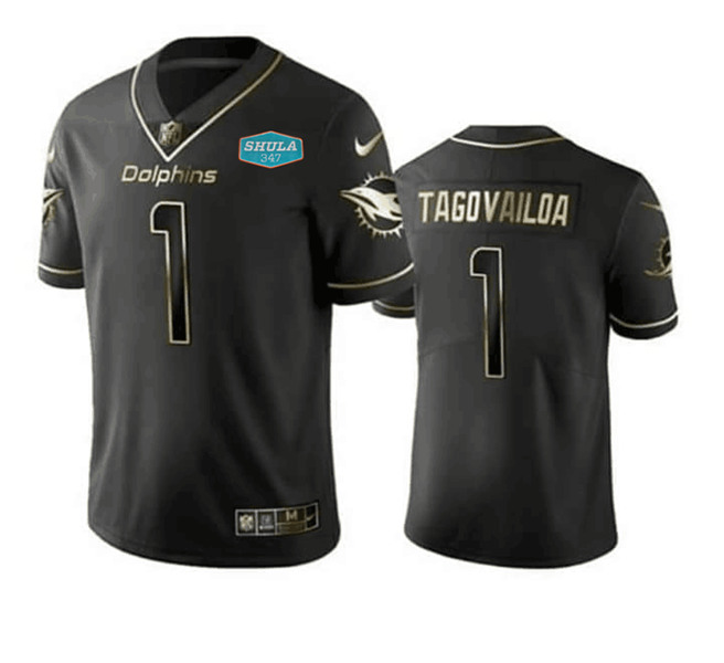 Miami Dolphins #1 Tua Tagovailoa 2020 Black With 347 Shula Patch Gold Limited Stitched Jersey