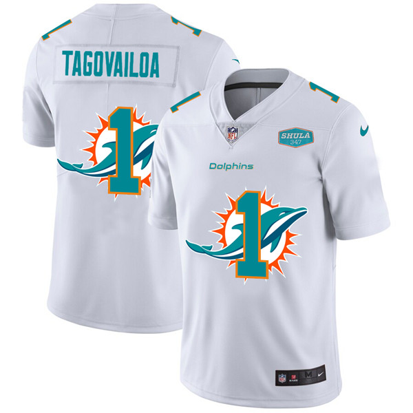 Miami Dolphins #1 Tua Tagovailoa White With 347 Shula Patch 2020 Shadow Logo Limited Stitched Jersey