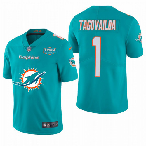 Miami Dolphins #1 Tua Tagovailoa Aqua 2020 Team Big Logo With 347 Shula Patch Limited Stitched Jersey