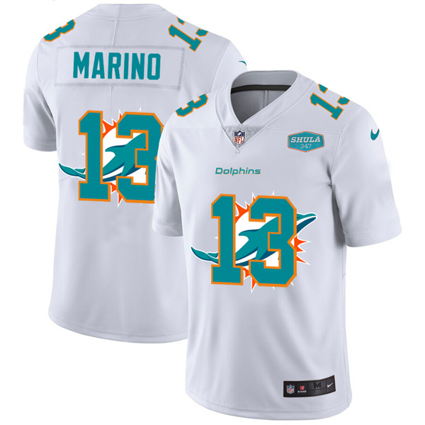Miami Dolphins #13 Dan Marino White With 347 Shula Patch 2020 Shadow Logo With 347 Shula Patch Limited Stitched Jersey
