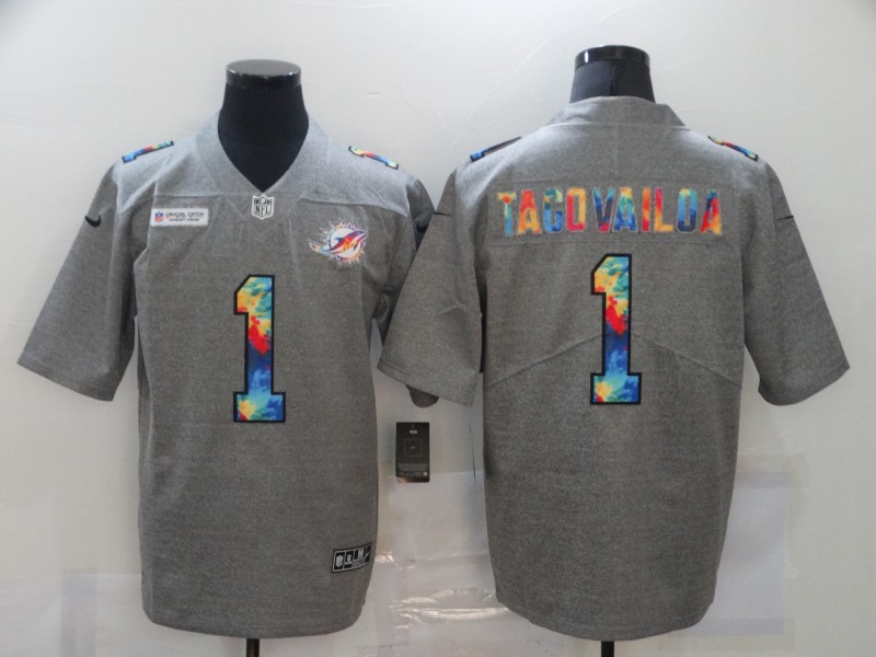 Miami Dolphins #1 Tua Tagovailoa Aqua 2020 Grey Crucial Catch Limited Stitched Jersey