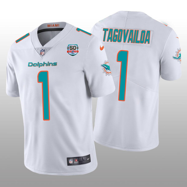 Miami Dolphins #1 Tua Tagovailoa 2022 White With With 50th Perfect Season Patch Limited Stitched Jersey