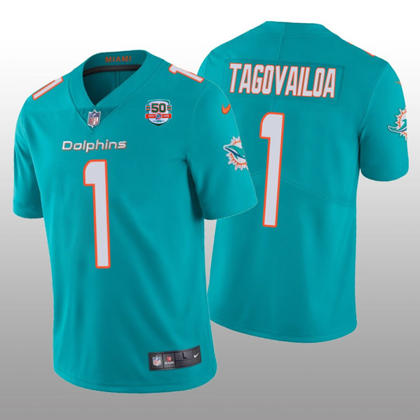 Miami Dolphins #1 Tua Tagovailoa 2022 Aqua With With 50th Perfect Season Patch Limited Stitched Jersey