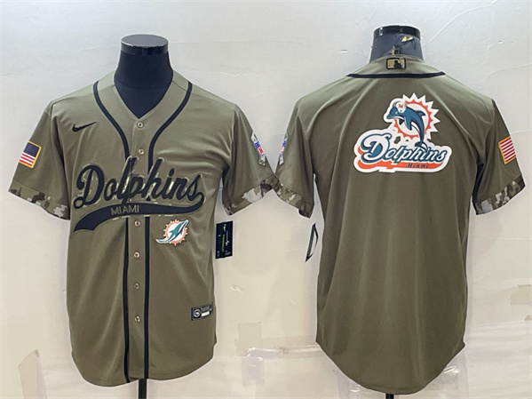 Miami Dolphins Olive 2022 Salute To Service Team Big Logo Cool Base Stitched Baseball Jersey