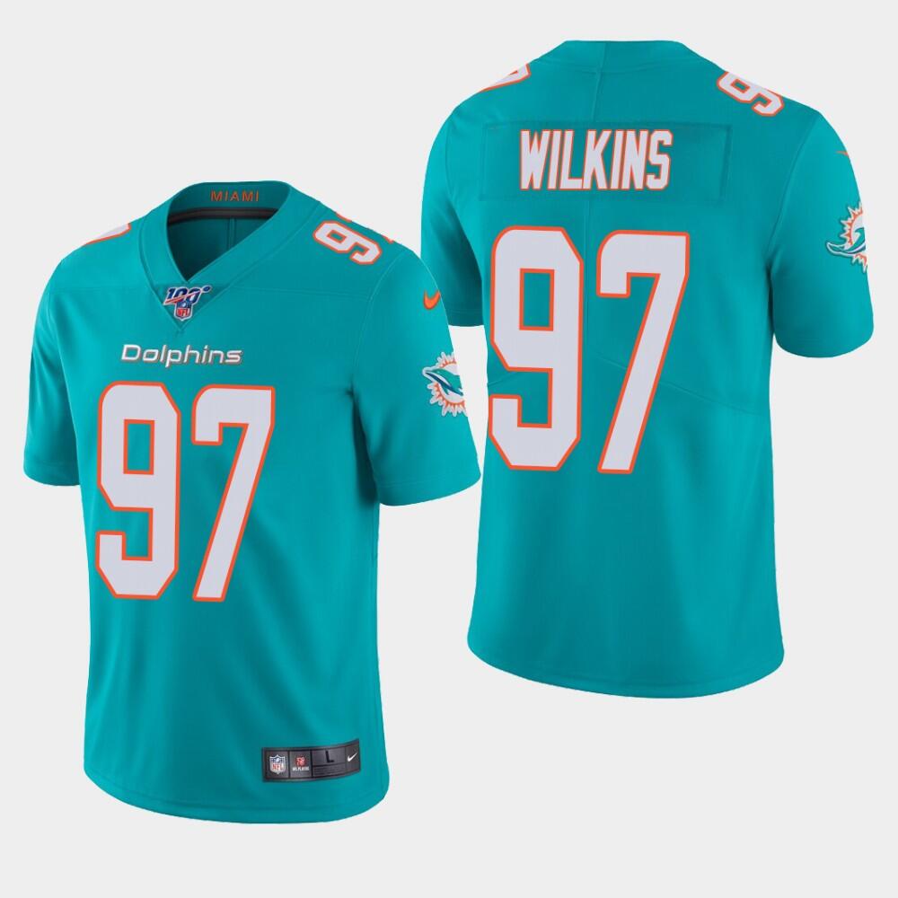 Miami Dolphins #97 Christian Wilkins Aqua 2019 100th Season Vapor Untouchable Limited Stitched Jersey