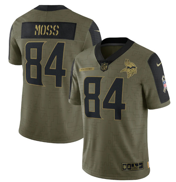 Minnesota Vikings #84 Randy Moss 2021 Olive Salute To Service Limited Stitched Jersey