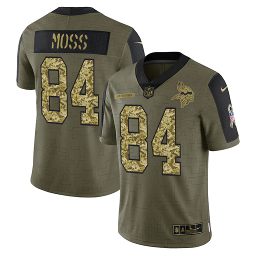 Minnesota Vikings #84 Randy Moss 2021 Olive Camo Salute To Service Limited Stitched Jersey