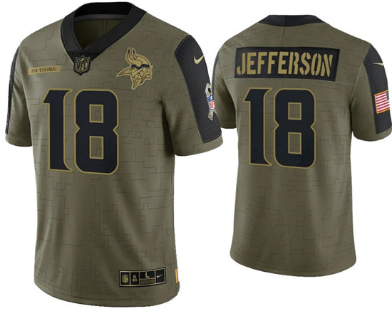 Minnesota Vikings #18 Justin Jefferson 2021 Olive Salute To Service Limited Stitched Jersey