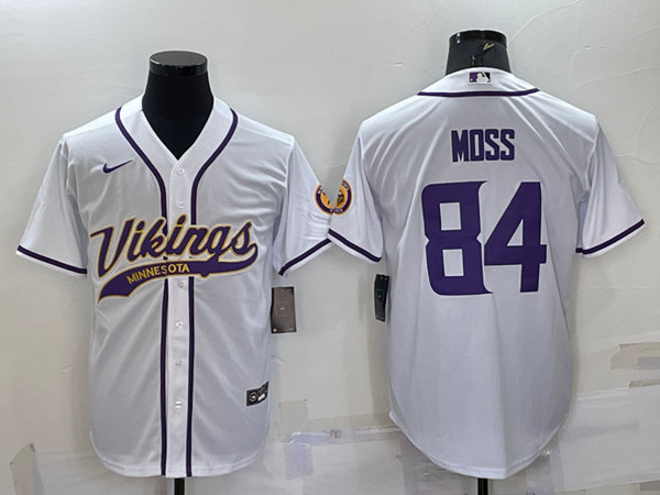 Minnesota Vikings #84 Randy Moss White With Patch Cool Base Stitched Baseball Jersey