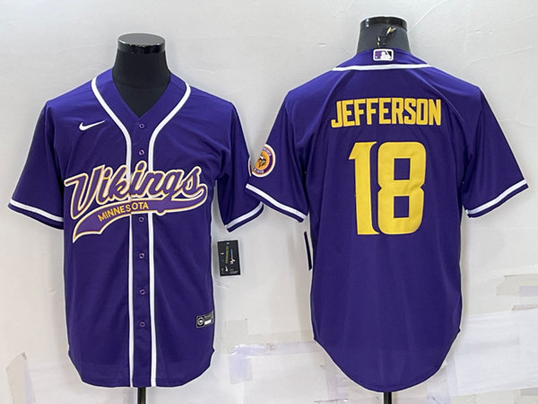 Minnesota Vikings #18 Justin Jefferson Purple Gold With Patch Cool Base Stitched Baseball Jersey