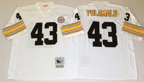Mitchell Ness Steelers #43 Troy Polamalu White Throwback Stitched Jersey