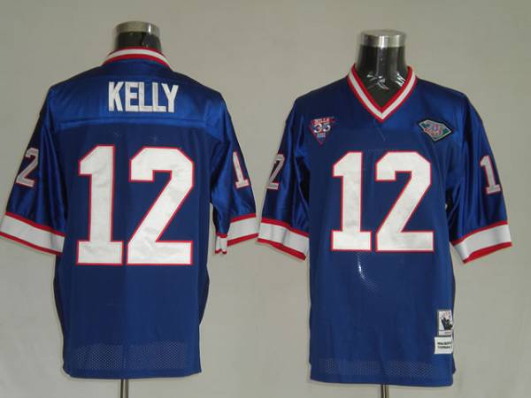 Mitchell Ness Bills #12 Jim Kelly Blue 35th Anniversary Patch Stitched Throwback Jersey