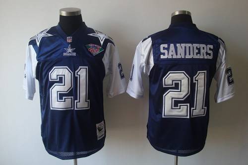 Mitchell Ness Cowboys #21 Deion Sanders Blue White With 75TH Stitched Throwback Jersey
