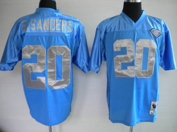 Mitchell Ness Lions #20 Barry Sanders Blue With 75 Anniversary Patch Stitched Throwback Jersey