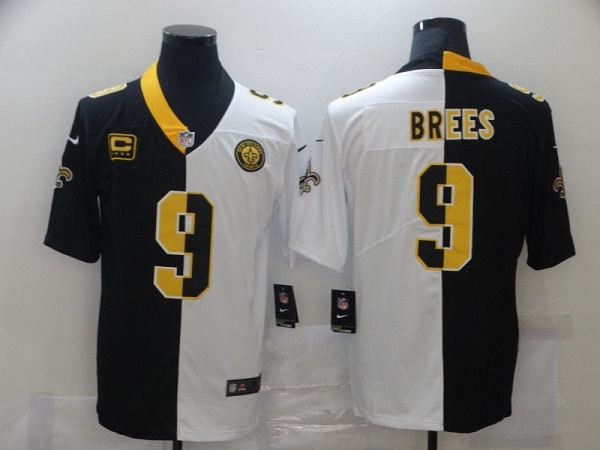 New Orleans Saints #9 Drew Brees Black White Split With C Patch Stitched Jersey