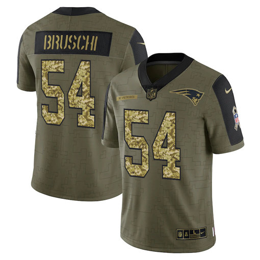 New England Patriots #54 Tedy Bruschi 2021 Olive Camo Salute To Service Limited Stitched Jersey