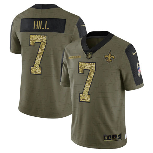 New Orleans Saints #7 Taysom Hill 2021 Olive Camo Salute To Service Limited Stitched Jersey
