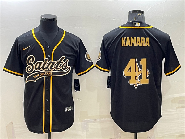 New Orleans Saints #41 Alvin Kamara Black Team Big Logo With Patch Cool Base Stitched Baseball Jersey