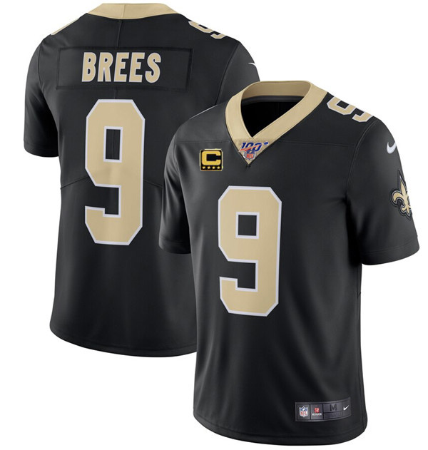 New Orleans Saints 100th #9 Drew Brees Black With C Patch Stitched Limited Jersey