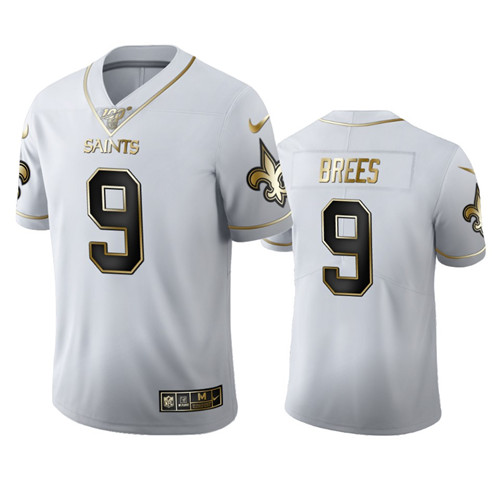 New Orleans Saints #9 Drew Brees White 2019 100th Season Golden Edition Limited Stitched Jersey