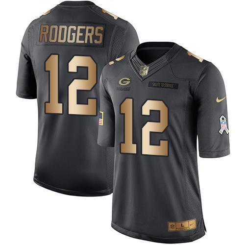 Packers #12 Aaron Rodgers Black Stitched Limited Gold Salute To Service Nike Jersey