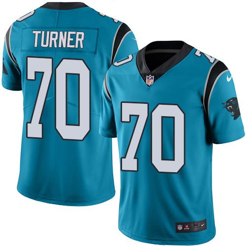 Panthers #70 Trai Turner Blue Stitched Limited Rush Nike Jersey