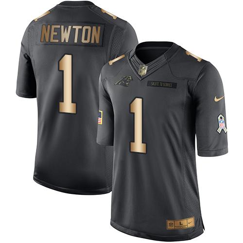 Panthers #1 Cam Newton Black Stitched Limited Gold Salute To Service Nike Jersey