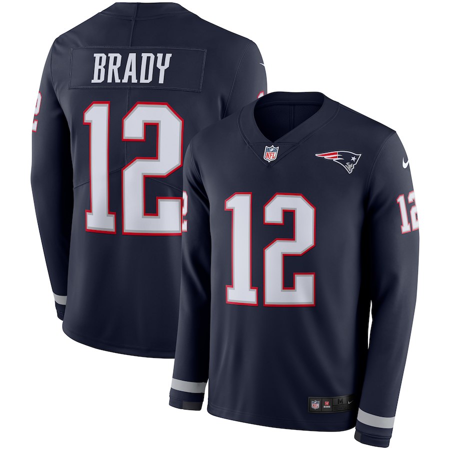 Patriots #12 Tom Brady Navy Therma Long Sleeve Stitched Jersey