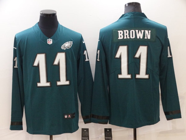 Philadelphia Eagles #11 A. J. Brown Green Therma Long Sleeve Stitched Jersey