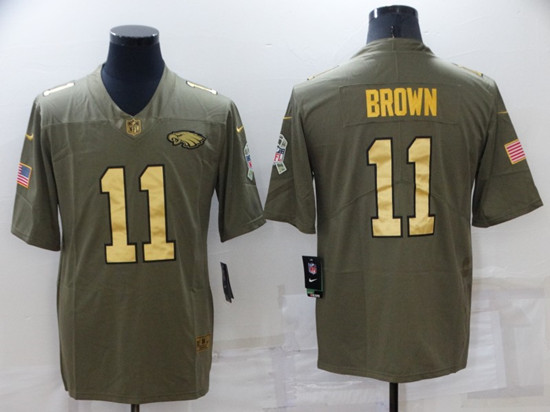 Philadelphia Eagles #11 A. J. Brown Olive Gold Salute To Service Limited Stitched Jersey