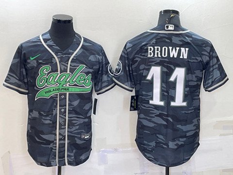 Philadelphia Eagles #11 A. J. Brown Gray Camo With Patch Cool Base Stitched Baseball Jersey