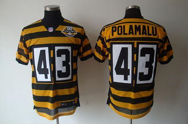 Pittsburgh Steelers #43 Troy Polamalu Yellow Black 80TH Anniversary Throwback Stitched Jersey