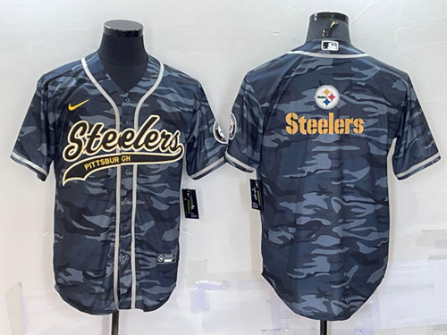 Pittsburgh Steelers Blank Gray Camo Team Big Logo With Patch Cool Base Stitched Baseball Jersey