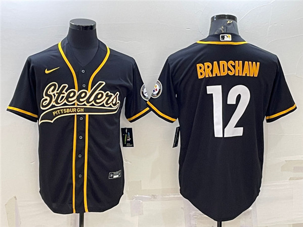 Pittsburgh Steelers #12 Terry Bradshaw Black With Patch Cool Base Stitched Baseball Baseball Jersey