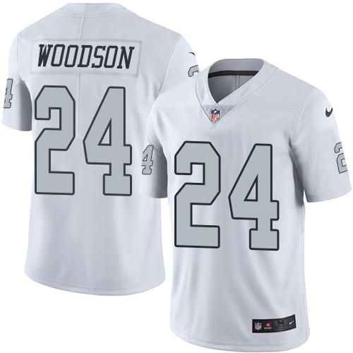 Raiders #24 Charles Woodson White Stitched Limited Rush Nike Jersey