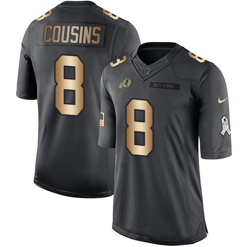 Redskins #8 Kirk Cousins Black Stitched Limited Gold Salute To Service Nike Jersey